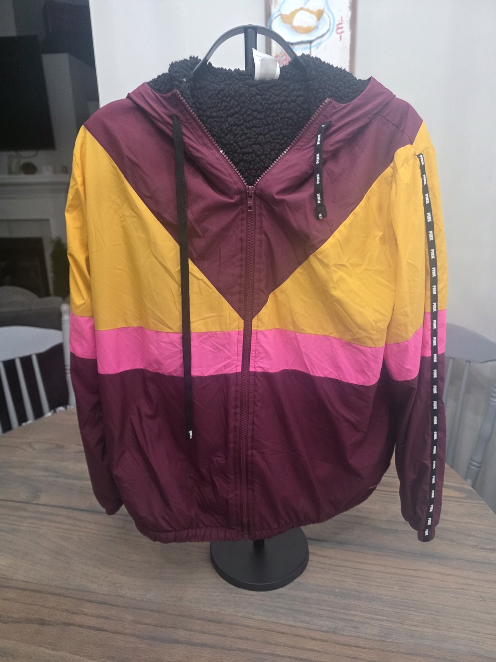 PINK Victoria's Secret Maroon, Yellow & Hot Pink Colorblock Hooded Bomber